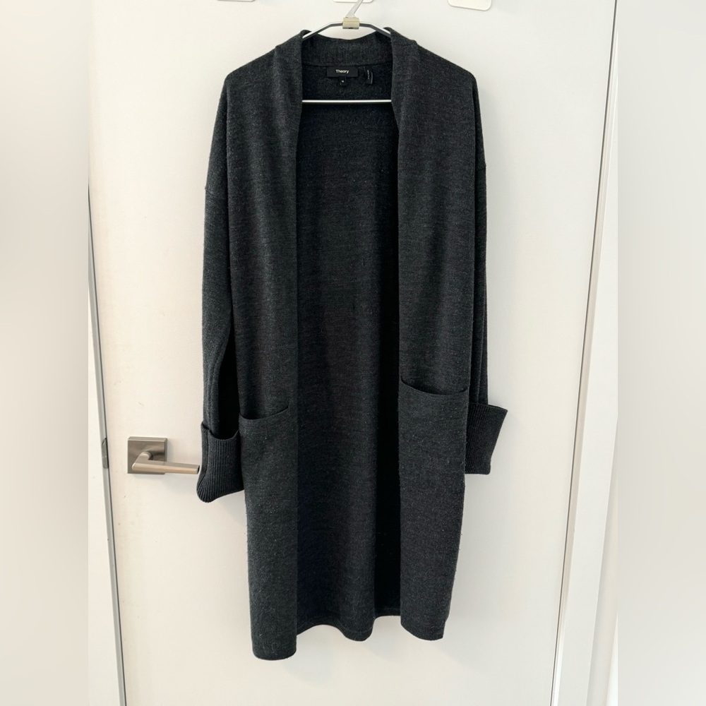 Theory 96% Wool Long Cardigan Charcoal Color